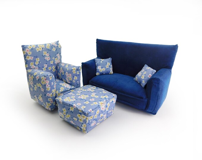 Handmade Dollhouse and Miniature Furniture Set • Blue Sofa w/Blue and White Floral Print Chair • Sofa, Chair, Ottoman, 2 Pillows • 1:6 Scale