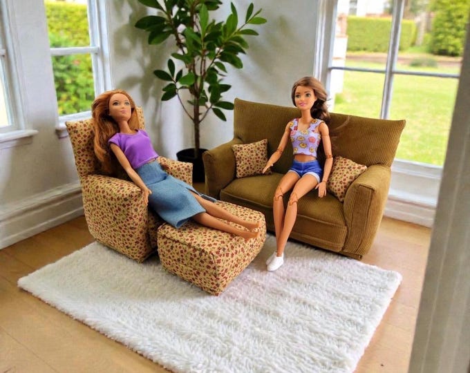 Handmade Dollhouse and Miniature Furniture Set • Caramel Brown Sofa w/Red Floral Print Chair • Sofa, Chair, Ottoman, 2 Pillows • 1:6 Scale