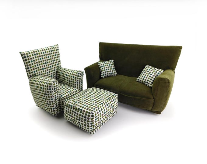 Handmade Dollhouse and Miniature Furniture Set • Olive Sofa and White/Green Circle print Chair • Sofa, Chair, Ottoman, 2 Pillows • 1:6 Scale
