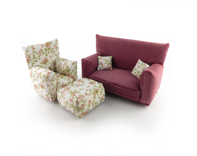 Handmade Dollhouse Furniture Set • Mauve Sofa w/White Rose Print Chair • Sofa, Chair, Ottoman, 2 Pillows • 1:6 Scale