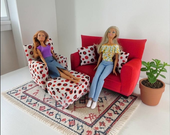 Handmade Dollhouse and Miniature Living Room Furniture Set • Red with Red/Black spotted Print • Couch, Chair, Ottoman, 2 Pillows • 1:6 Scale