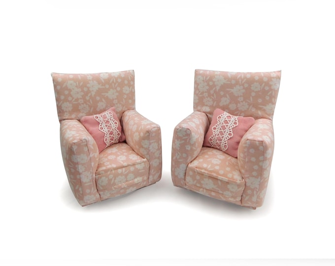 Fashion Doll Furniture-Chairs with Pillows -1:6 scale-Pale Pink Flower print with 2 Pink pillows-also works w/Blythe and 11" fashion doll