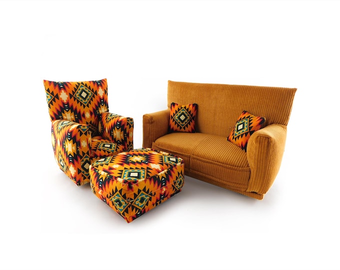 Fashion Doll Living Room Furniture 5-PC Play Set-1:6 scale-Gold with Orange Native Print-works w/ Blythe any 11 inch fashion doll