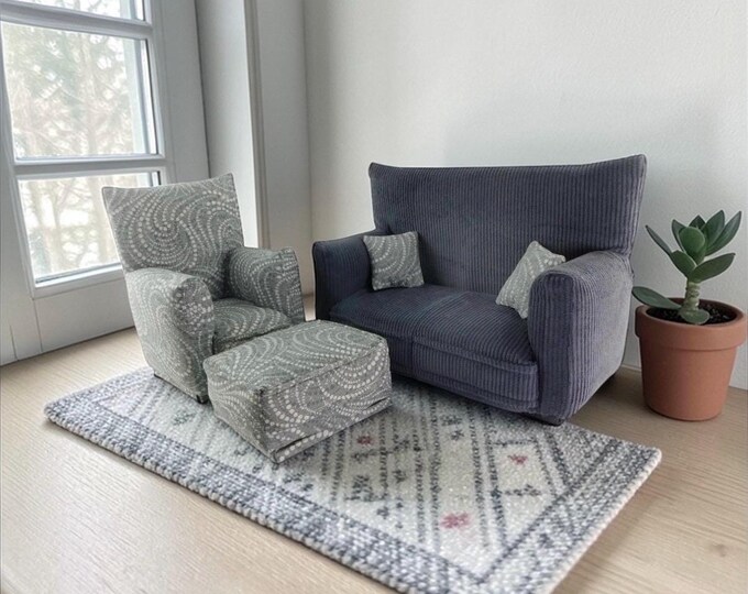 Handmade Dollhouse and Miniature Living Room Furniture Set • Grey with White/Grey swirl print • Couch, Chair, Ottoman, 2 Pillows • 1:6 Scale