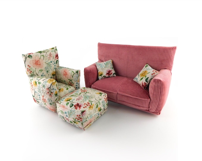 Handmade Dollhouse and Miniature Furniture Set • Dusty Rose Sofa w/Multi Floral Print Chair • Sofa, Chair, Ottoman, 2 Pillows • 1:6 Scale