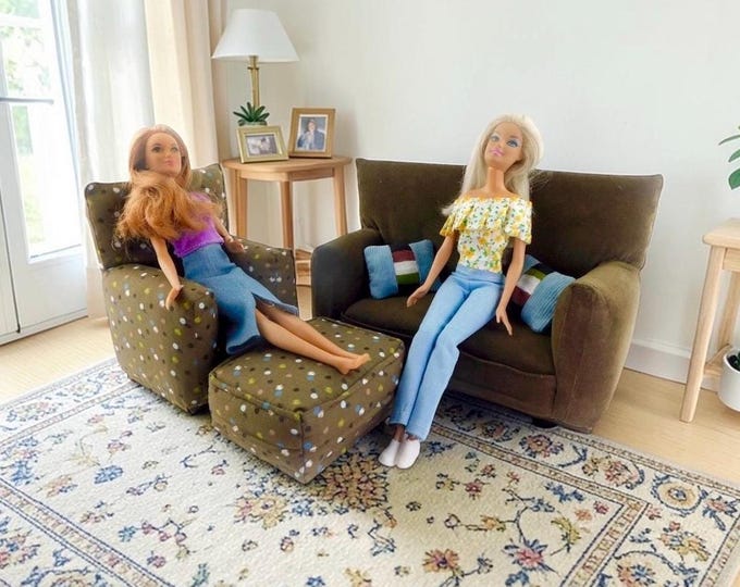 Handmade Dollhouse and Miniature Living Room Furniture Set • Brown with multicolor spot Print • Couch, Chair, Ottoman, 2 Pillows • 1:6 Scale