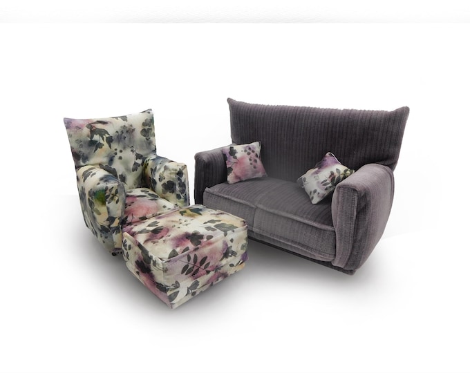 Fashion Doll Living Room Furniture 5-PC Play Set-1:6 scale-Purple with Watercolor  flower print-works w/ Blythe any 11 inch fashion doll