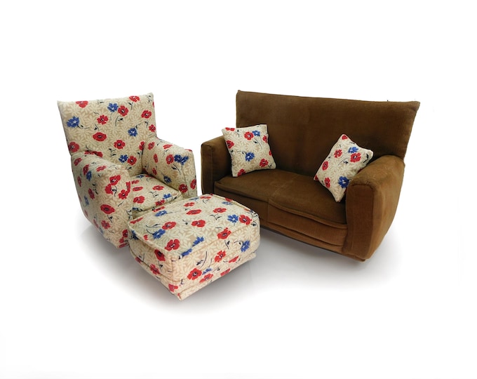 Fashion Doll Living Room Furniture 5-PC Play Set-1:6 scale-Brown with Beige/Red/Blue flower print-works w/ Blythe any 11 inch fashion doll