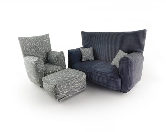 Handmade Dollhouse and Miniature Living Room Furniture Set • Grey with White/Grey swirl print • Couch, Chair, Ottoman, 2 Pillows • 1:6 Scale