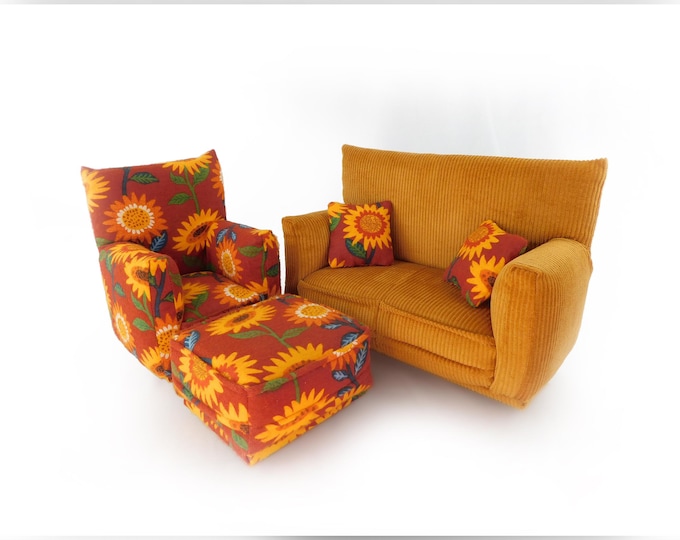Fashion Doll Living Room Furniture 5-PC Play Set-1:6 scale-Gold with Rust Sunflower Print-works w/ Blythe any 11 inch fashion doll
