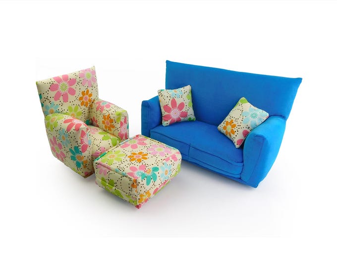 Handmade Dollhouse and Miniature Furniture Set • Teal Sofa with Floral Print Chair • Sofa, Chair, Ottoman, 2 Pillows • 1:6 Scale