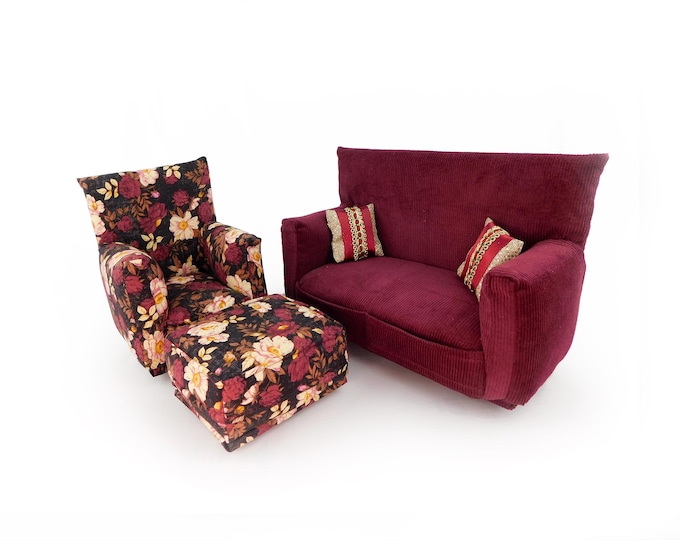 Fashion Doll Living Room Furniture 5-PC Play Set-1:6 scale-Burgundy with Black/White flower print-works w/ Blythe any 11 inch fashion doll