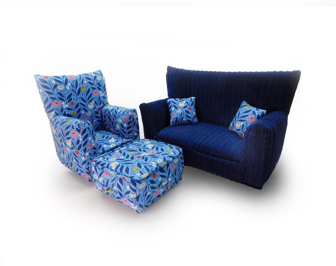 Fashion Doll Living Room Furniture 5-PC Play Set-1:6 scale-Dark Blue with modern flower vine print-works w/ Blythe any 11 inch fashion doll