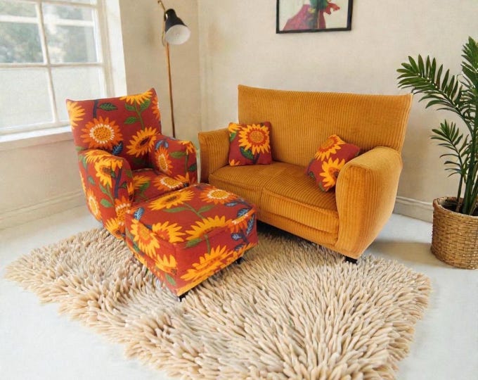 Fashion Doll Living Room Furniture 5-PC Play Set-1:6 scale-Gold with Rust Sunflower Print-works w/ Blythe any 11 inch fashion doll