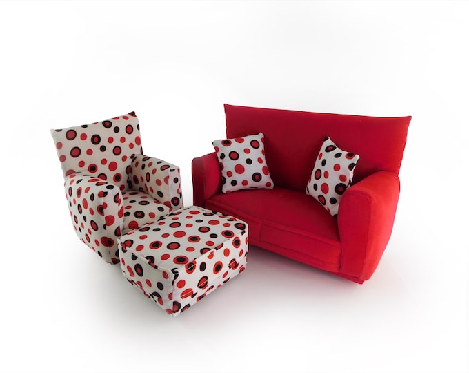 Handmade Dollhouse and Miniature Living Room Furniture Set • Red with Red/Black spotted Print • Couch, Chair, Ottoman, 2 Pillows • 1:6 Scale