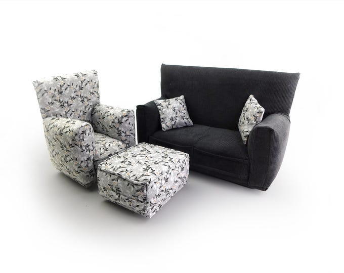 Handmade Dollhouse and Miniature Furniture Set • Charcoal Gray Sofa w/White Floral Print Chair • Sofa, Chair, Ottoman, 2 Pillows • 1:6 Scale