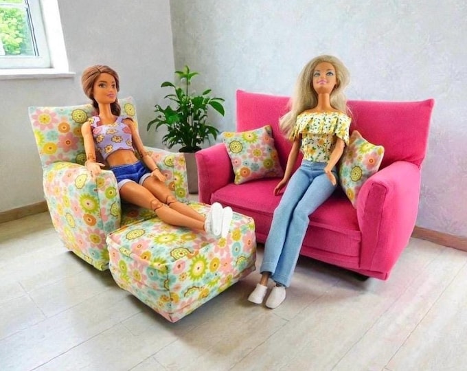 Handmade Dollhouse Living Room Furniture Set • Hot Pink Sofa and Floral Print Chair • Sofa, Chair, Ottoman, 2 Pillows • 1:6 Scale