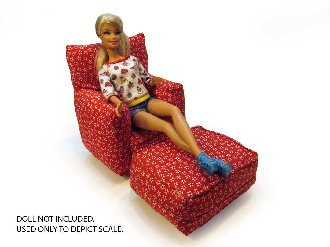 Barbie Doll Living Room Chair & OttomanRed and White flower print16 Scale works with any