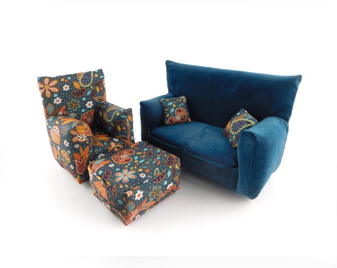 Handmade Dollhouse and Miniature Living Room Furniture Set • Dark Teal w/Modern Paisley print • Couch, Chair, Ottoman, 2 Pillows • 1:6 Scale