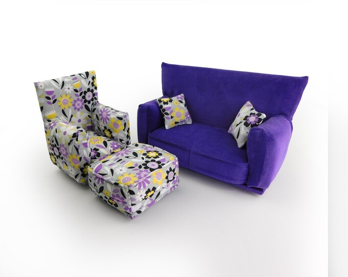 Handmade Dollhouse and Miniature Furniture Set • Purple Sofa w/Gray, Purple Floral Print Chair • Sofa, Chair, Ottoman, 2 Pillows • 1:6 Scale