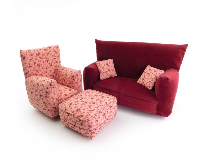 Handmade Dollhouse and Miniature Furniture Set • Wine Sofa w/Pink and Wine Floral Print Chair • Sofa, Chair, Ottoman, 2 Pillows • 1:6 Scale