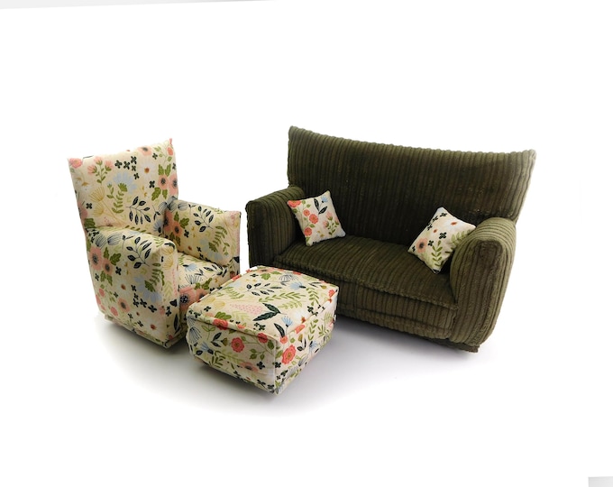 Handmade Dollhouse and Miniature Furniture Set • Olive Green with Floral Print Chair • Sofa, Chair, Ottoman, 2 Pillows • 1:6 Scale
