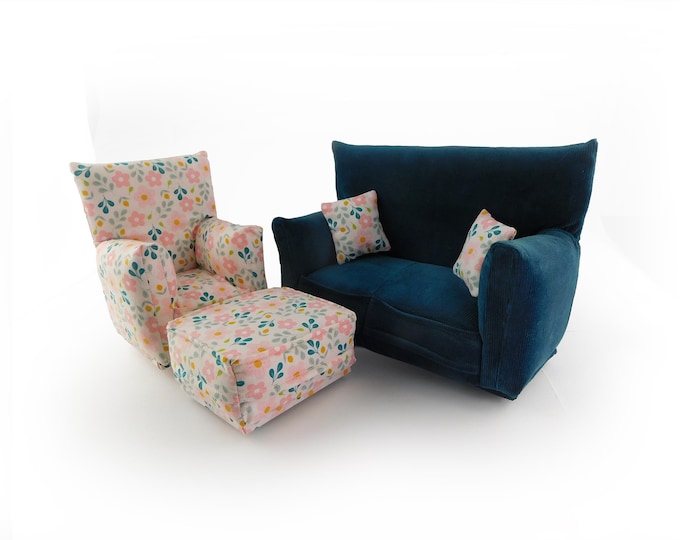 Handmade Dollhouse and Miniature Living Room Furniture Set • Dark Teal with Pink flower print • Couch, Chair, Ottoman, 2 Pillows • 1:6 Scale