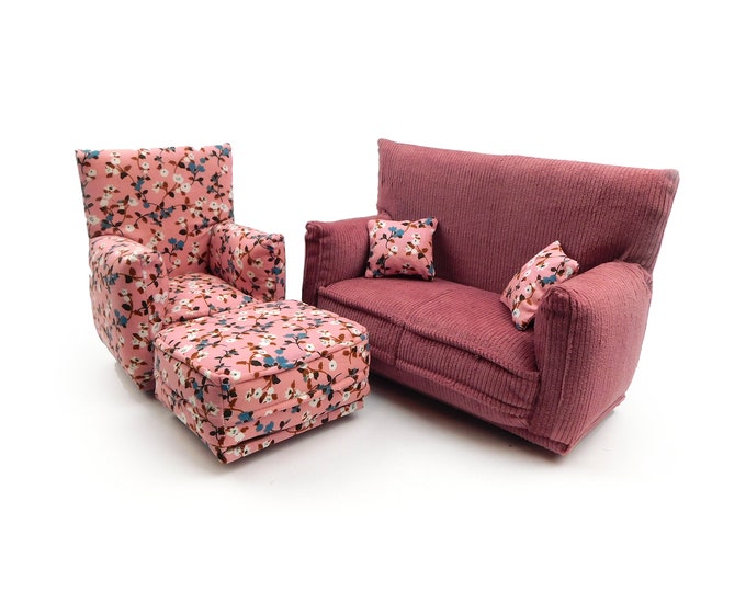 Fashion Doll Living Room Furniture 5-PC Play Set-1:6 scale-Dusty Rose with Tiny white flower Print-works w/ Blythe any 11 inch fashion doll