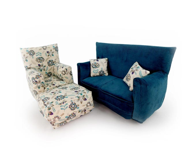 Fashion Doll Living Room Furniture 5-PC Play Set-1:6 scale-Dk Teal with Beige flower print-works w/ Blythe any 11 inch fashion doll