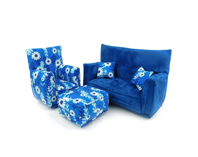 Fashion Doll Living Room Furniture 5-PC Play Set-1:6 scale-Royal Blue with White flower print-works w/Blythe any 11 inch fashion doll