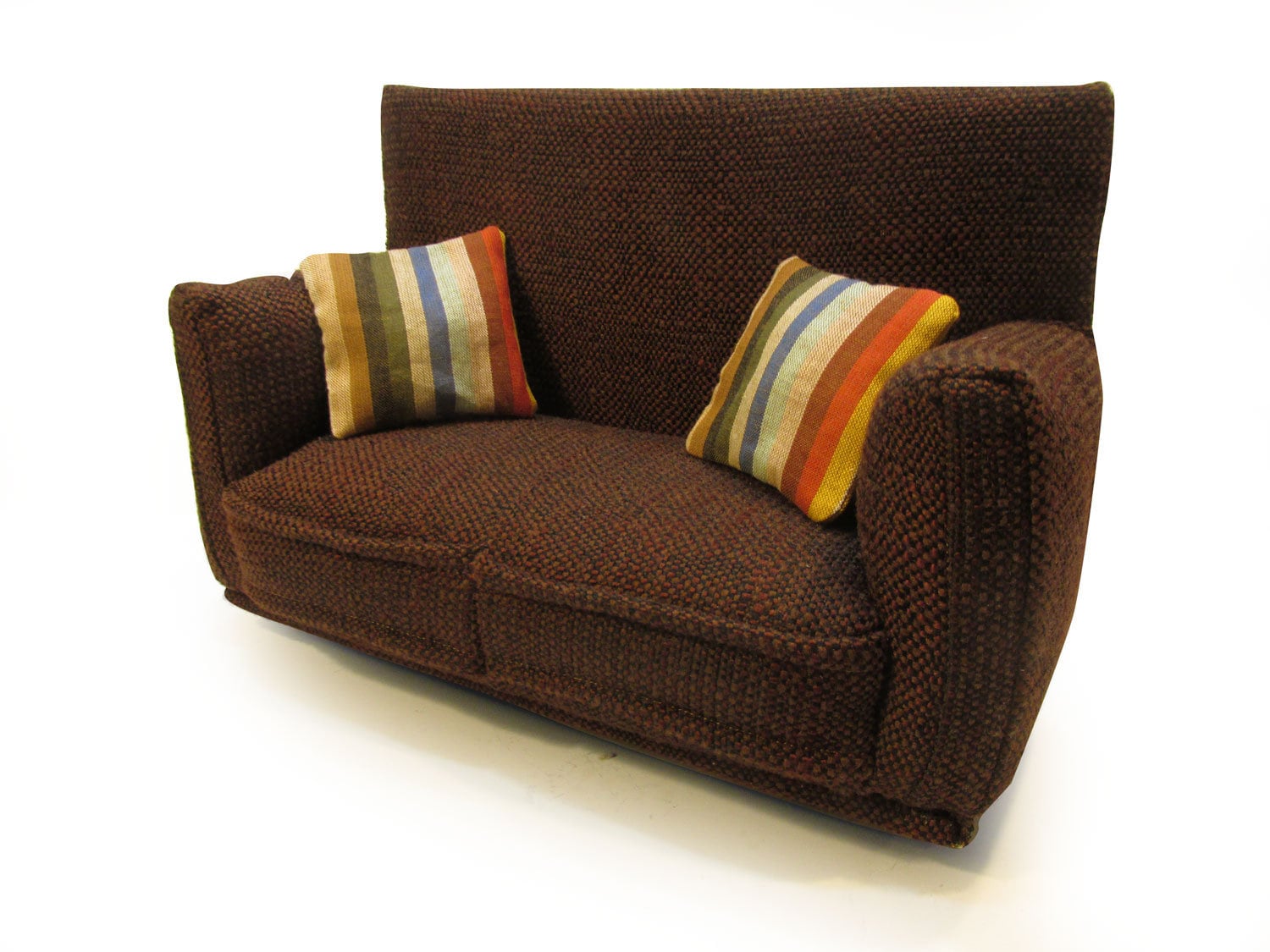 Barbie Doll Furniture-Sofa with Pillows -1:6 scale-Brown with Multi-Colored striped print fabric