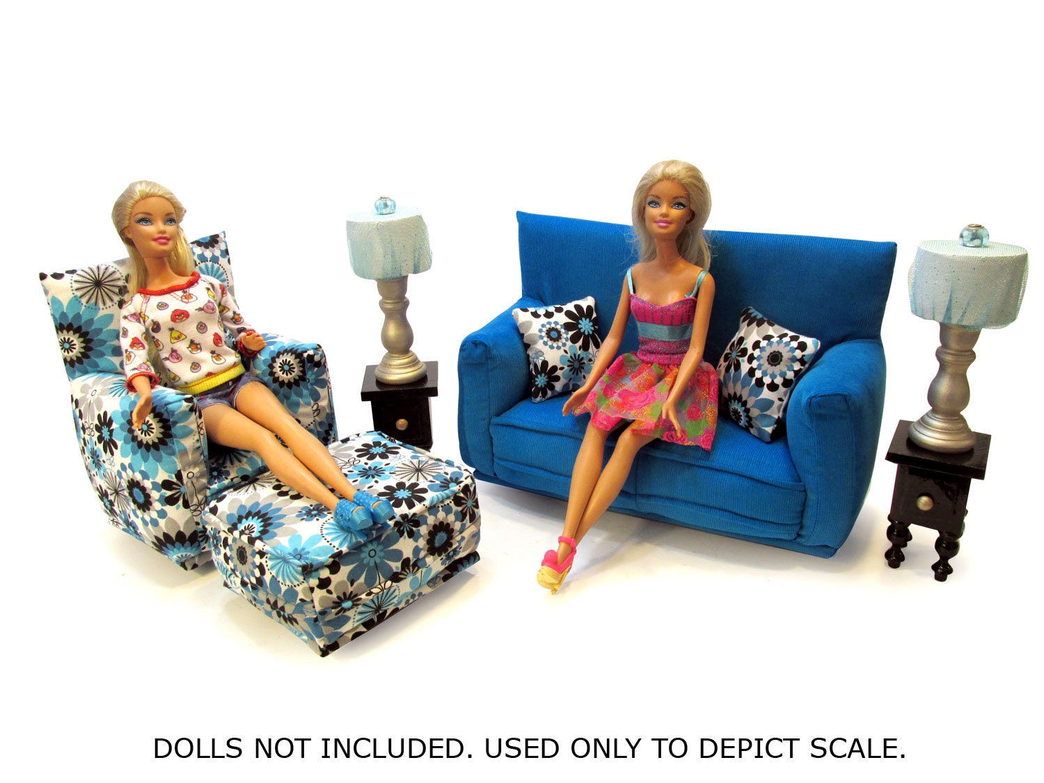 Barbie Doll Living Room Furniture 9-PC Play Set-1:6 scale-Teal with White, Gray, Black flower