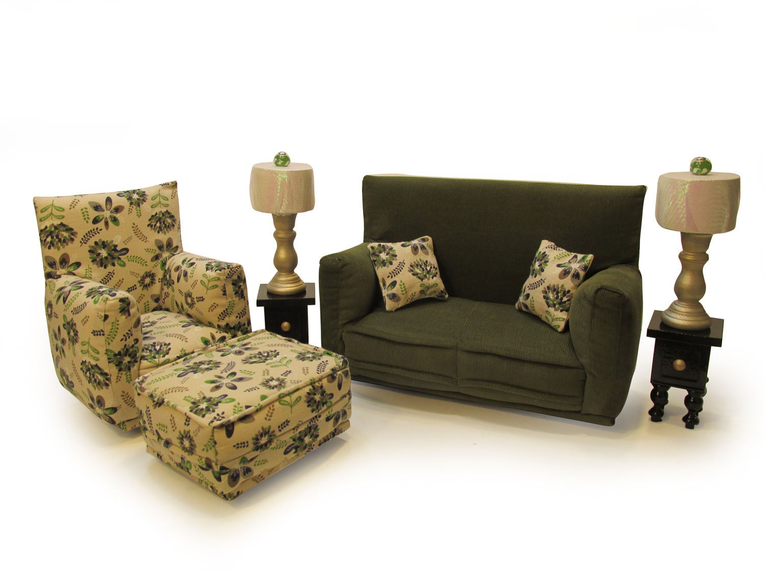Barbie Doll Living Room Furniture 9 PC Play Set 16 Scale Olive And Beige Green Flower Print Works W Blythe Any 11 Inch Fashion Doll
