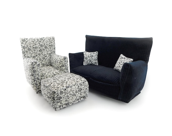 Fashion Doll Living Room Furniture 5-PC Play Set-1:6 scale-Black with White and Black vine print-works w/Blythe any 11 inch fashion doll