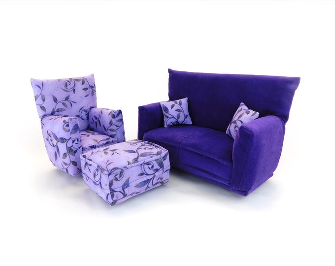Fashion Doll Living Room Furniture 5-PC Play Set-1:6 scale-Purple and Purple Gold vine print-works w/Blythe any 11 inch fashion doll