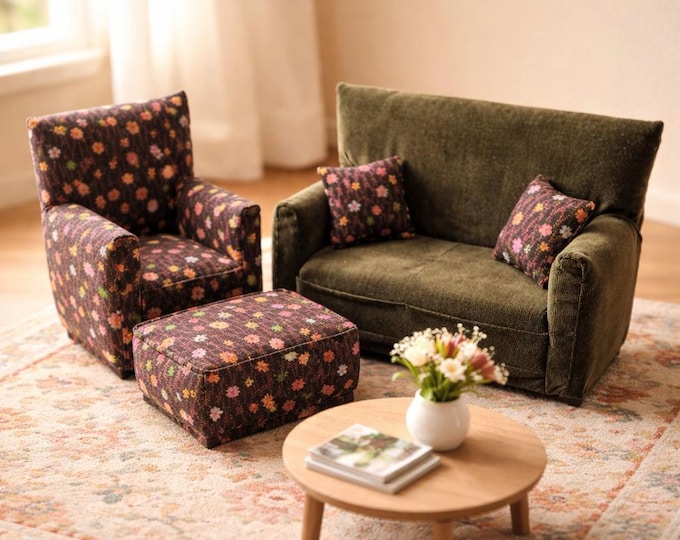 Handmade Miniature Dollhouse Living Room Furniture Set • Brown Tiny Floral Print • Couch, Chair, Ottoman, 2 Pillows • 1:6 Scale
