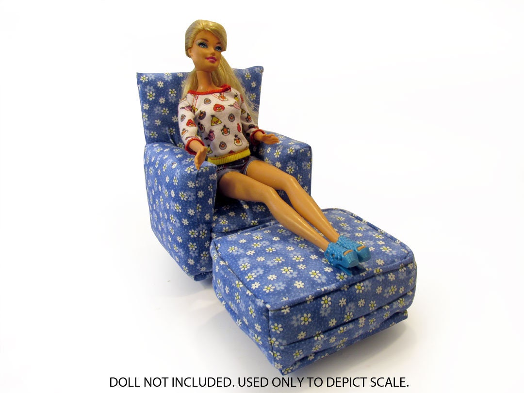 Barbie Doll Living Room Chair & OttomanBlue and White flower print16 Scale works with any