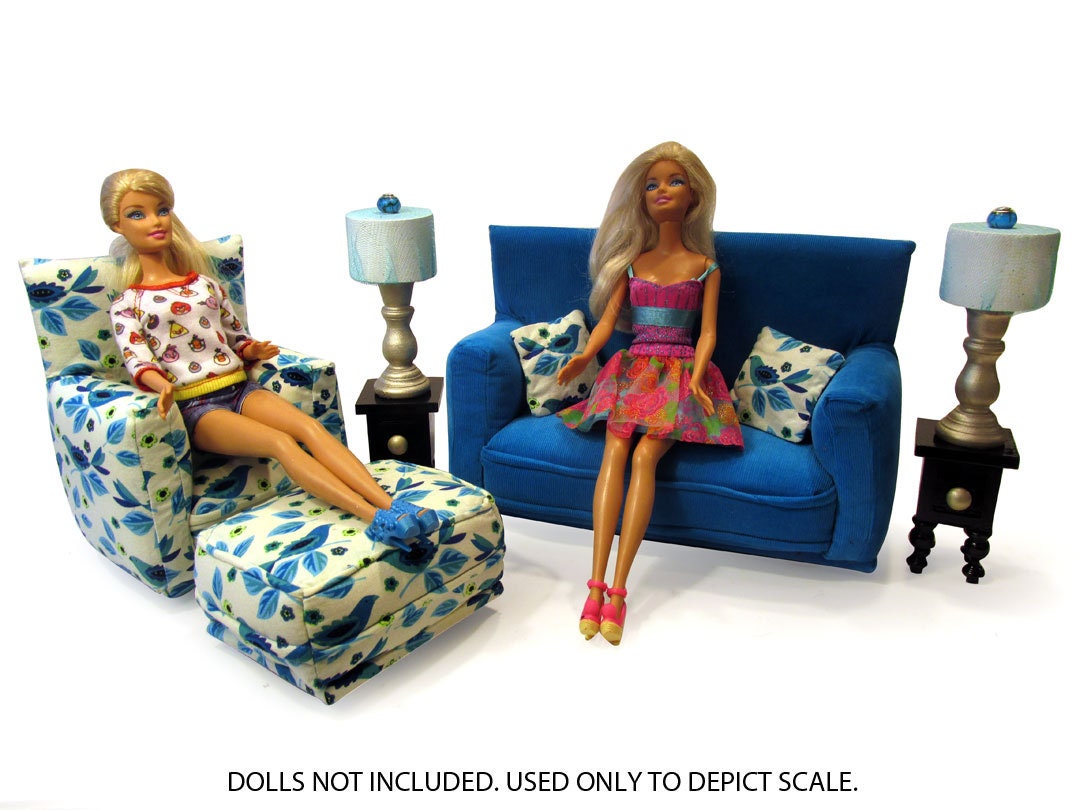 Barbie Doll Living Room Furniture 9-PC Play Set-1:6 scale-Teal with White Teal Bird print- works