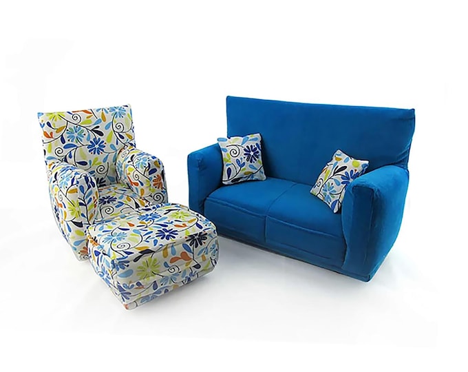 Fashion Doll Living Room Furniture 5-PC Play Set-1:6 scale-Teal/Flower print with pillows works w/ Blythe and any 11 inch fashion doll