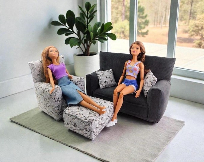 Handmade Dollhouse and Miniature Furniture Set • Charcoal Gray Sofa w/White Floral Print Chair • Sofa, Chair, Ottoman, 2 Pillows • 1:6 Scale