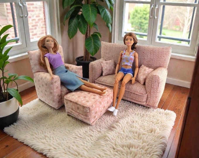 Handmade Dollhouse and Miniature Furniture Set • Pink textured Sofa w/White Floral Print Chair • Sofa, Chair, Ottoman, 2 Pillows • 1:6 Scale