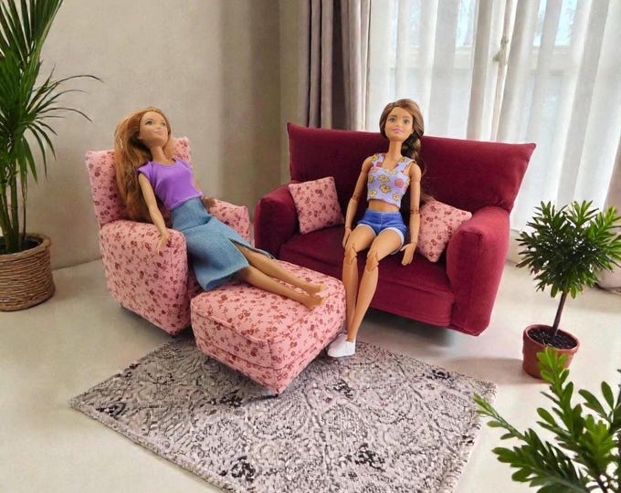 Handmade Dollhouse and Miniature Furniture Set • Wine Sofa w/Pink and Wine Floral Print Chair • Sofa, Chair, Ottoman, 2 Pillows • 1:6 Scale