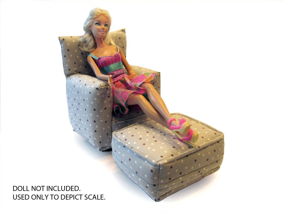 Barbie Doll Living Room Chair & OttomanGray with WhiteBrown dotted print 16 Scale works