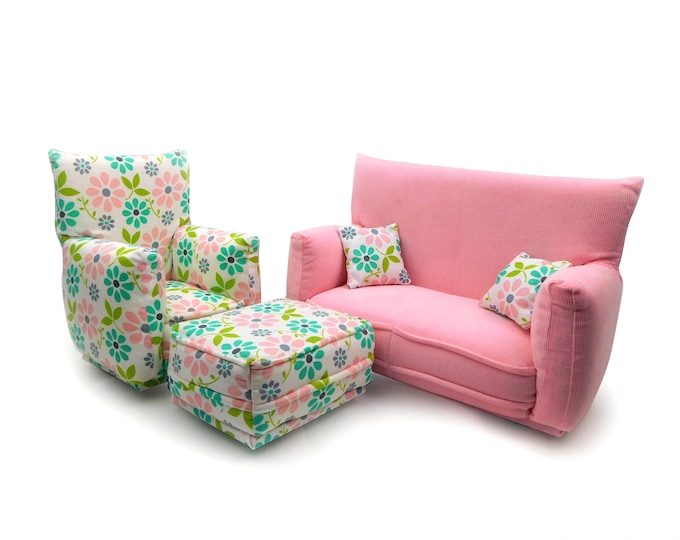 Handmade Dollhouse Living Room Furniture Set • Light Pink Sofa and Floral Print Chair • Sofa, Chair, Ottoman, 2 Pillows • 1:6 Scale