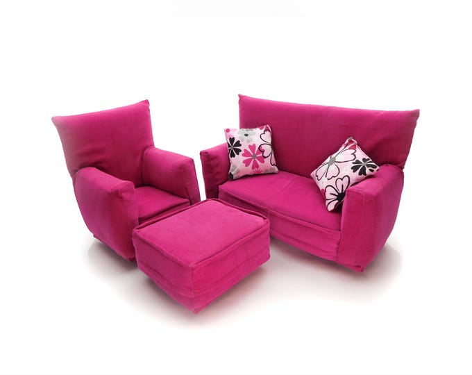 Fashion Doll Living Room Furniture 5-PC Play Set-1:6 scale-Hot Pink with 2 flower print pillows-works w/ Blythe any 11 inch fashion doll