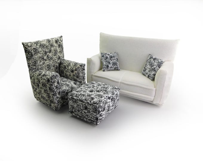 Handmade Dollhouse and Miniature Furniture Set • White Sofa with Floral Print Chair • Sofa, Chair, Ottoman, 2 Pillows • 1:6 Scale