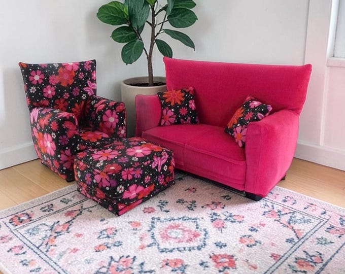 Handmade Dollhouse and Miniature Living Room Furniture Set • Hot Pink with Black Floral Print • Couch, Chair, Ottoman, 2 Pillows • 1:6 Scale