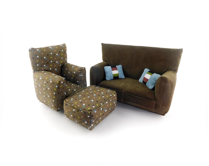 Handmade Dollhouse and Miniature Living Room Furniture Set • Brown with multicolor spot Print • Couch, Chair, Ottoman, 2 Pillows • 1:6 Scale