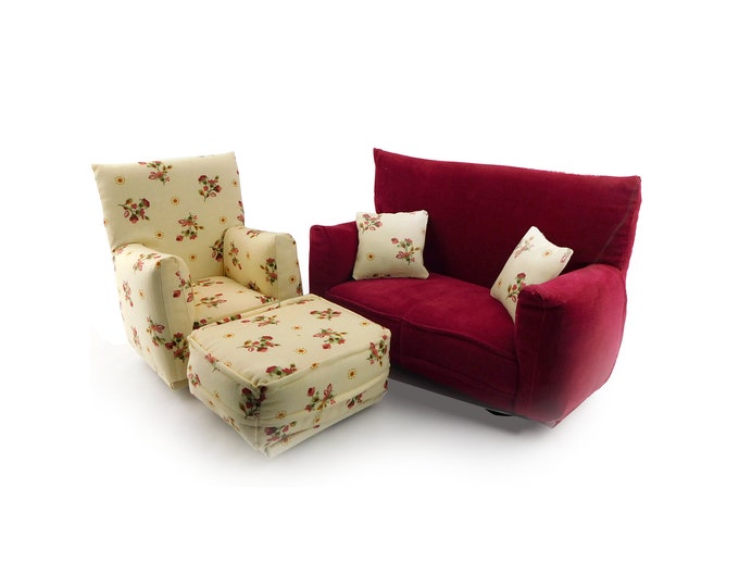 Fashion Doll Living Room Furniture 5-PC Play Set-1:6 scale-Burgundy with Yellow flower print-works w/ Blythe any 11 inch fashion doll