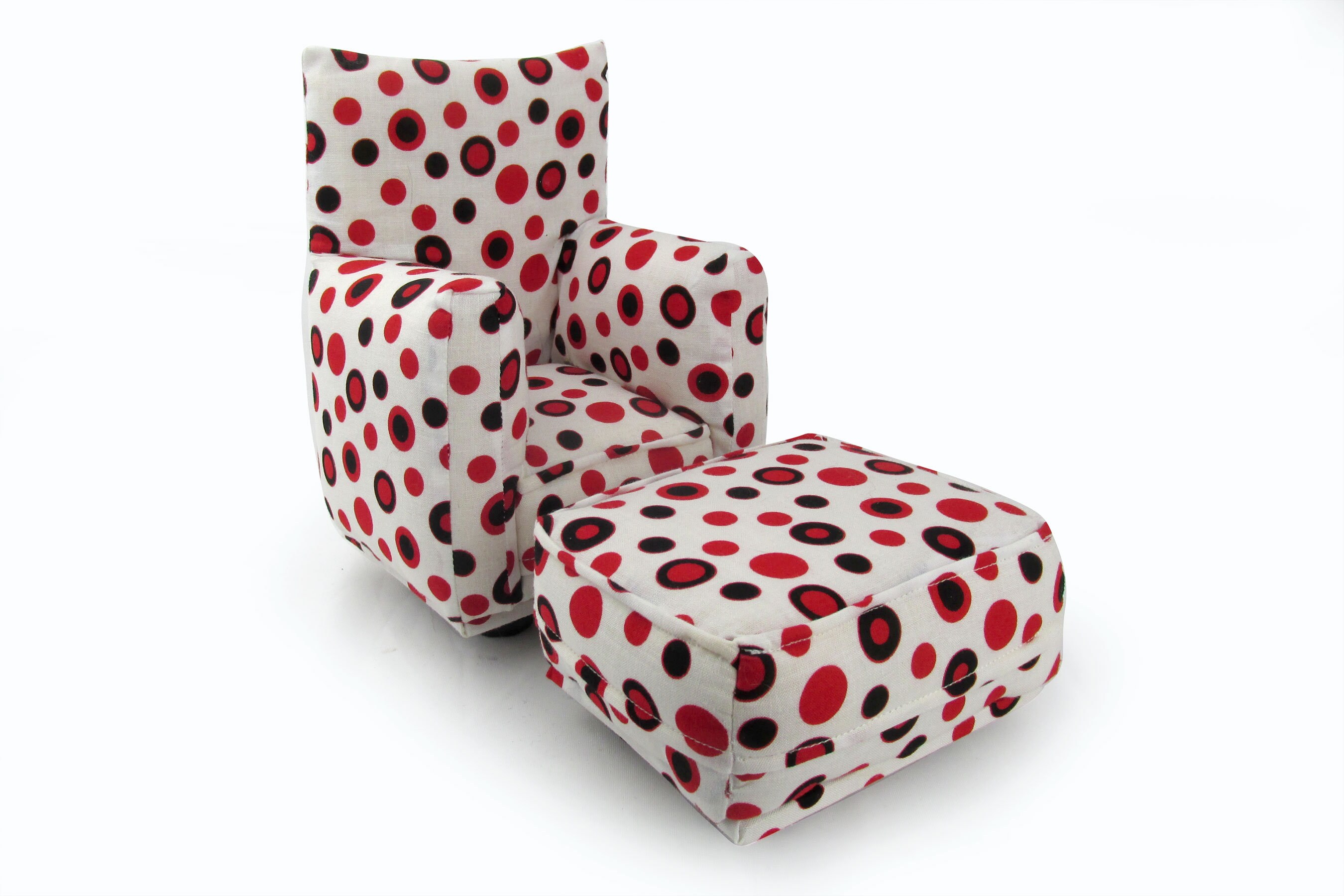 Barbie Doll Living Room Chair & OttomanWhite, Red, and Black dotted print16 Scale works with